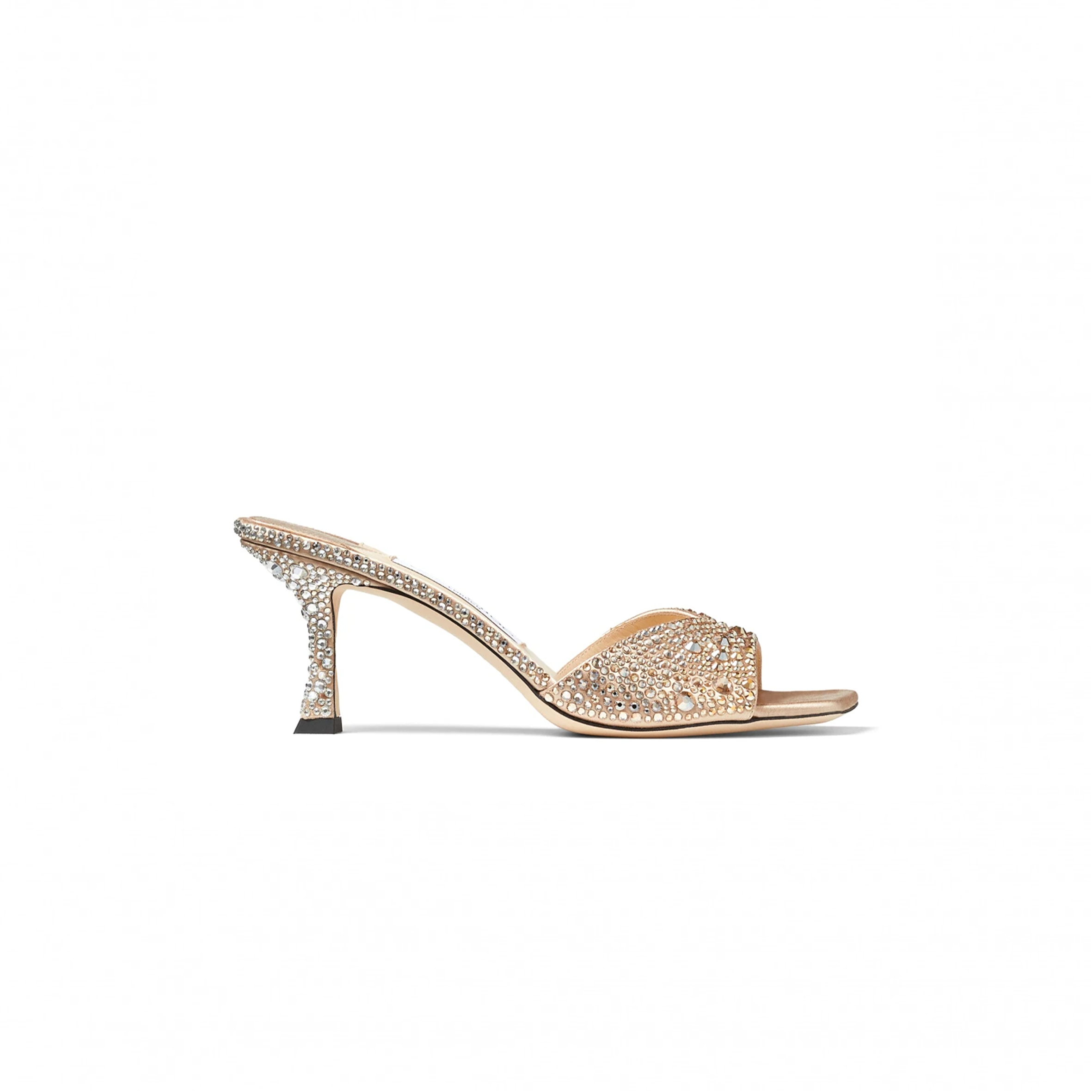 JIMMY CHOO SKYE 70 GOLD SATIN CRYSTAL SANDALS SKYE70DKX